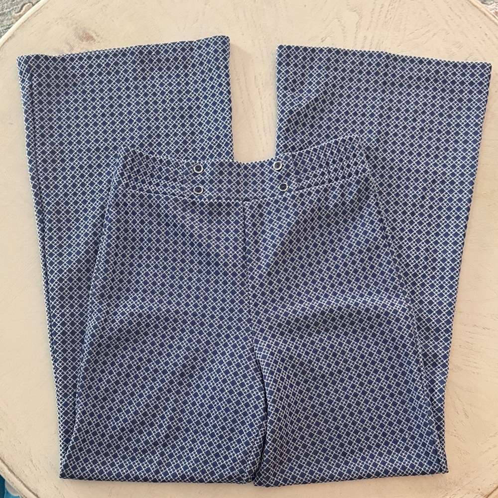 Women’s Vintage Navy Geo Pattern High Rise Wide Leg Stretchy Retro Pants size 10